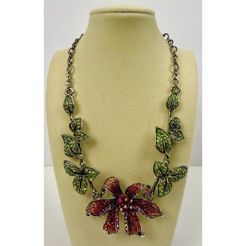 Vintage Kirks Folly Silver Tone Rhinestone Orchid Rhinestone Statement Necklace
